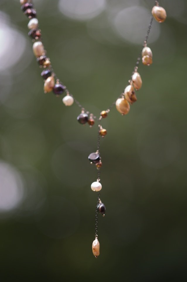 Mixed pink & brown pearls on oxidized sterling chain