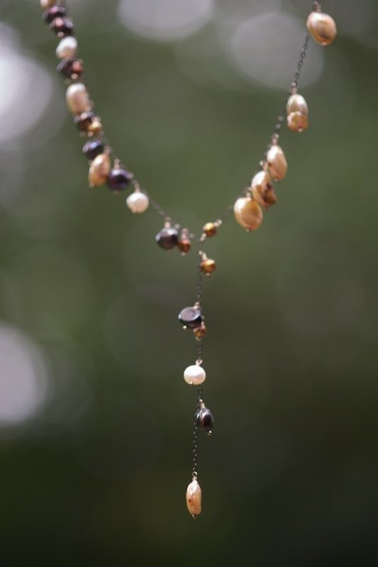 Mixed pink & brown pearls on oxidized sterling chain