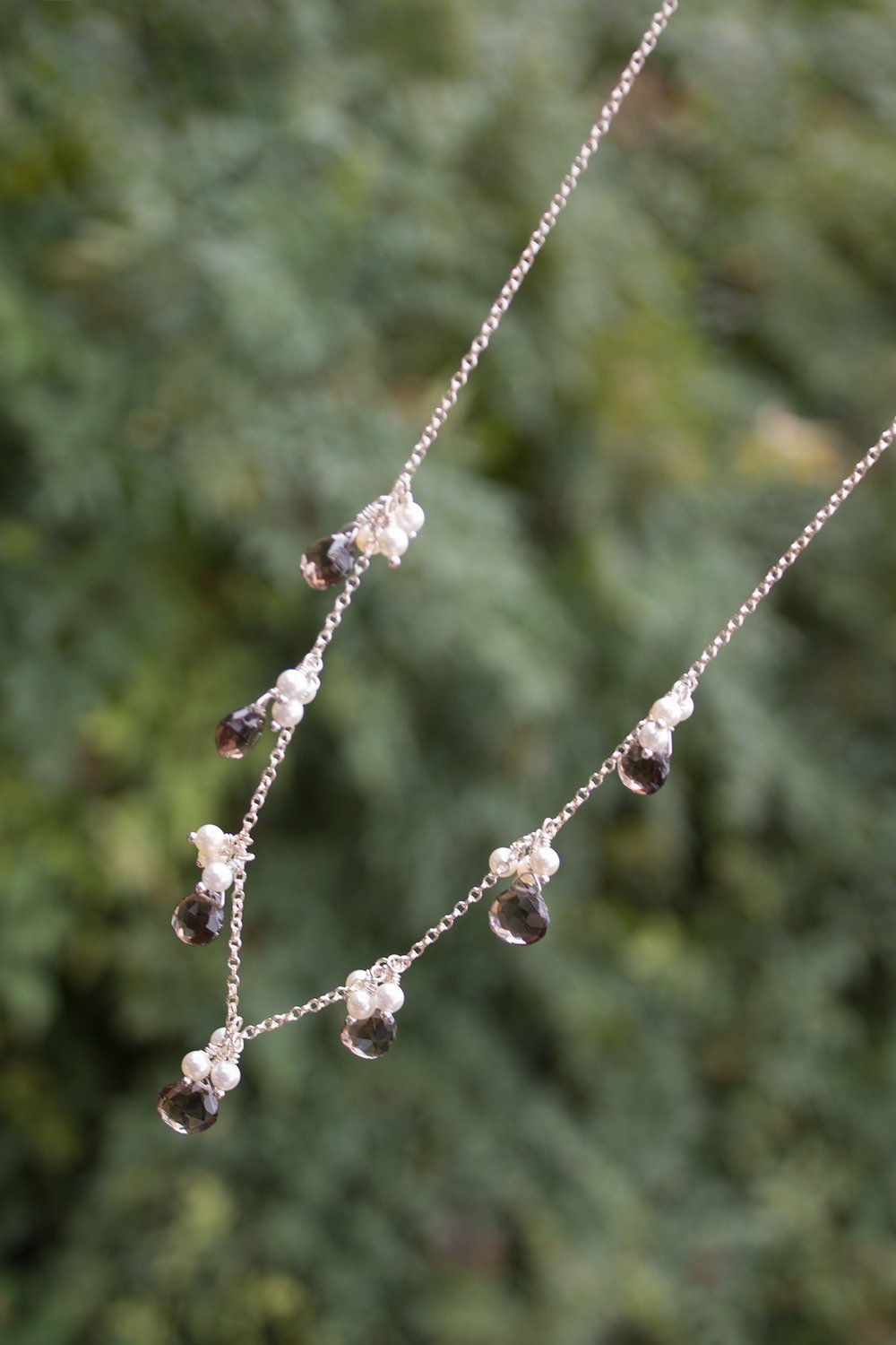 Smokey topaz, pearls, sterling silver chain and clasp