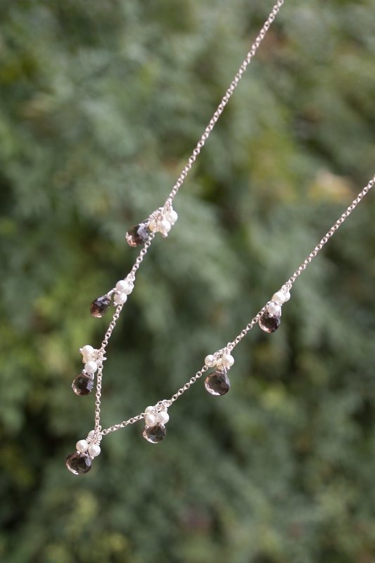 Smokey topaz, pearls, sterling silver chain and clasp
