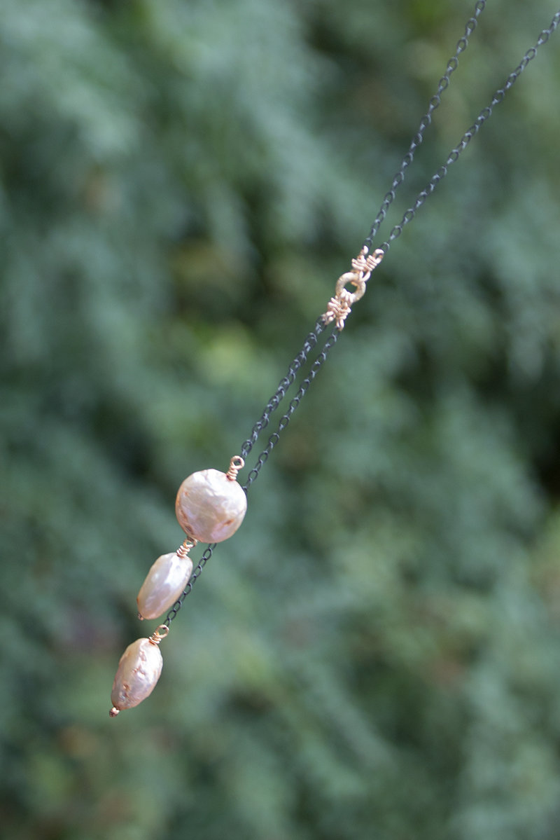 Pink coin pearls on oxidized sterling chain with 14kt gold-filled clasp & wire