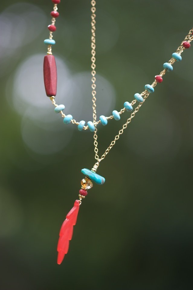 Red lucite leaf on 14kt gold-filled chain with turquoise  beads, wooden accent bead