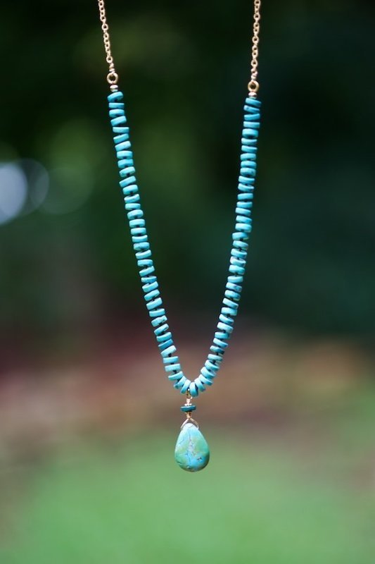 Turquoise drop with turquoise heshi beads and 14kt gold-filled chain and clasp