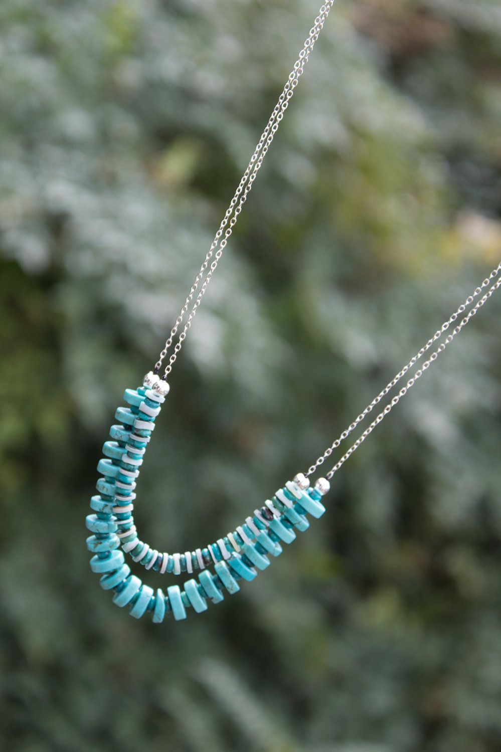 Turquoise heshi beads on sterling chain