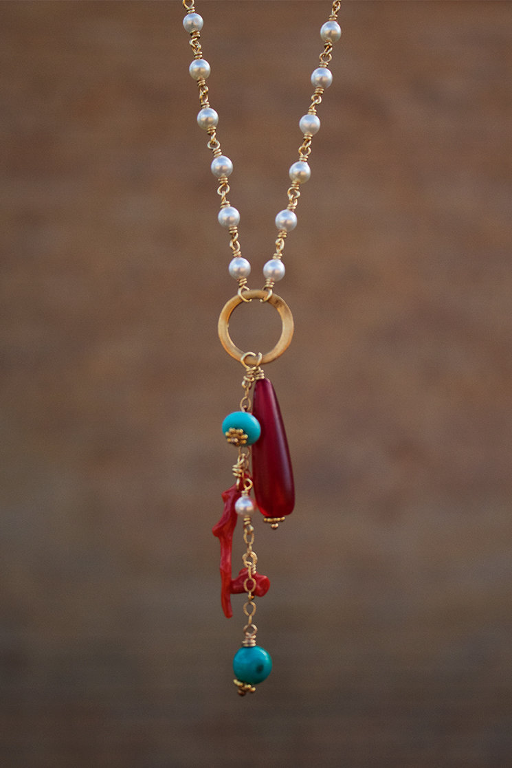Pearls, turquoise, coral, 14kt gold-filled chain and clasp, gold vermeil ring