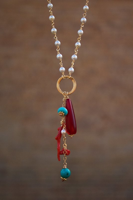 Pearls, turquoise, coral, 14kt gold-filled chain and clasp, gold vermeil ring