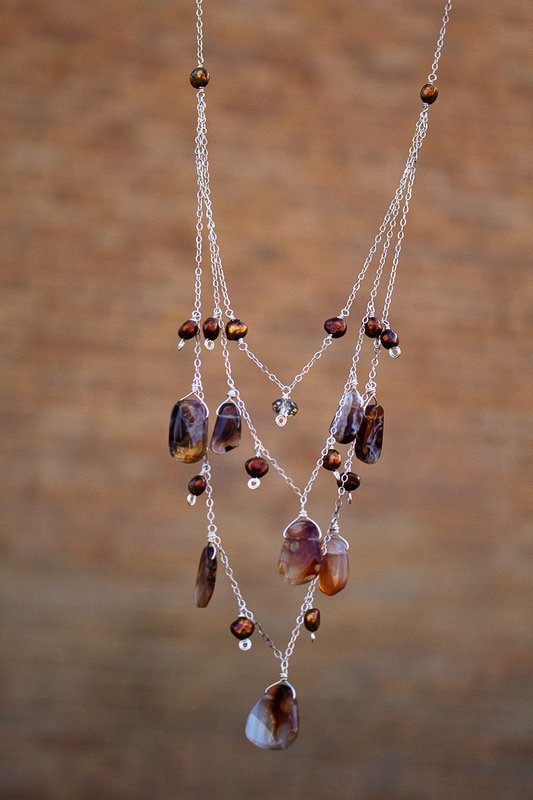 Smokey quartz, brown pearls, sterling chain, sterling findings & 2.5" drop