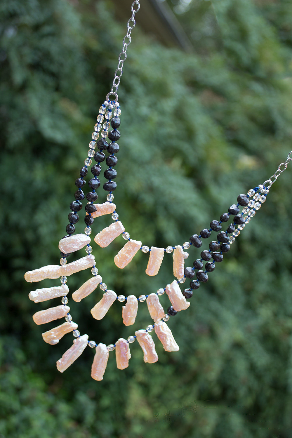 Mixed pink & gray pearls, Swarovski crystals, sterling silver chain & wire, 4.5" drop