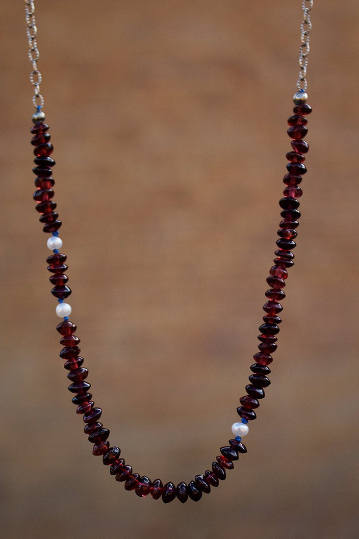 Garnets, pearls, sterling silver chain, wire & clasp; 2" drop