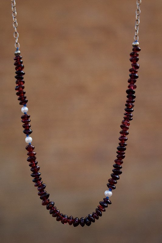Garnets, pearls, sterling silver chain, wire & clasp; 2" drop