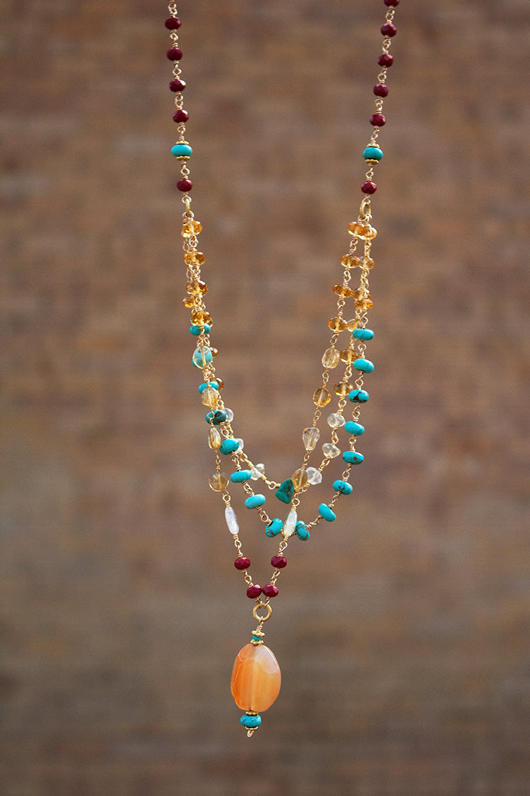 Turquoise, Swarovski crystals, jasper, carnelian drop, 14kt gold-filled chain & clasp