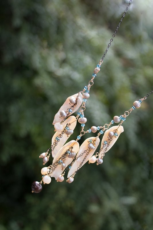 Pearls, Swarovski, mother-of-pearl angel wings, 14kt gf wire, oxidized sterling chain