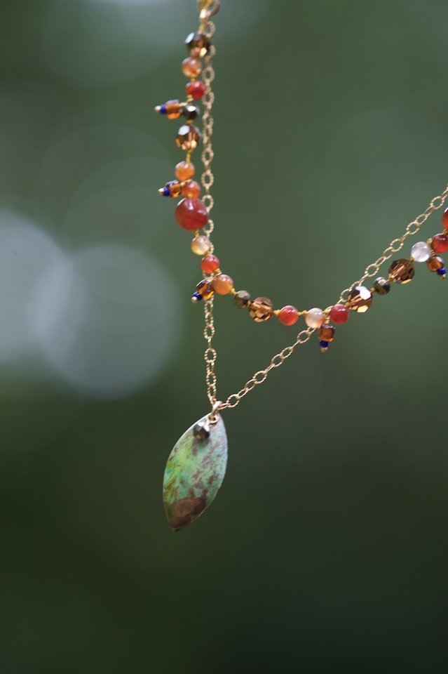 Verdigris copper leaf pendant, carnelian, Swarovski crystals on 14 kt gf chain