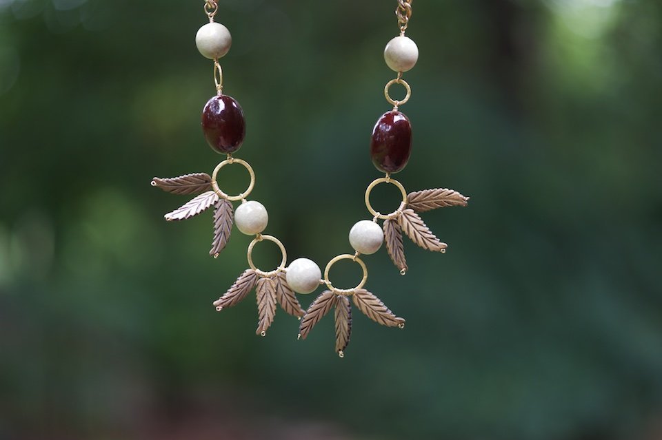 Carved wooden leaves, gold vermeil rings, clay and lucite beads, heavy 14kt gold-filled chain & gold-filled findings
