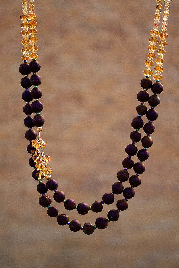 Citrine, clay, vermeil rings, 14kt gold-filled findings