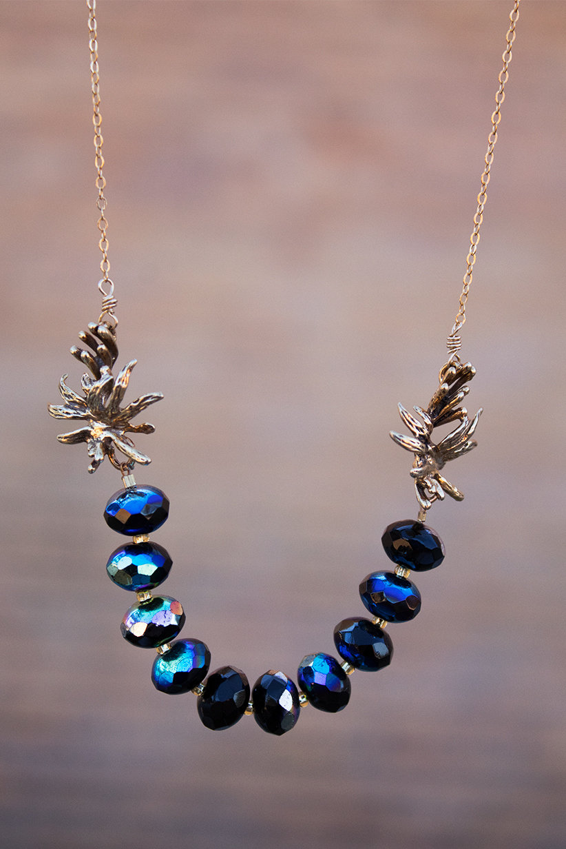 Iridescent blue glass beads, 14kt gold-filled chain & findings