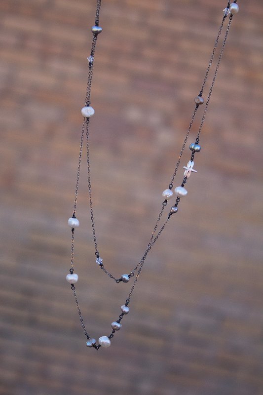 Pearls, sterling fireflies, oxidized sterling chain