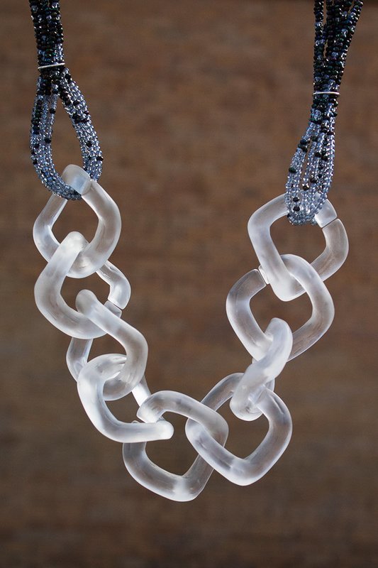 Lucite chain, blue seed beads, sterling silver clasp & findings