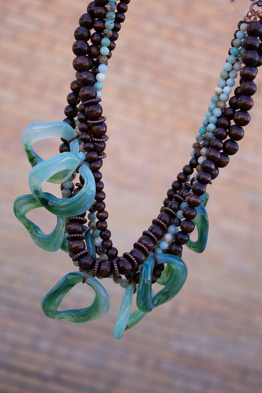 Faux-jade (lucite) hoops, wooden beads, jasper beads, copper clasp