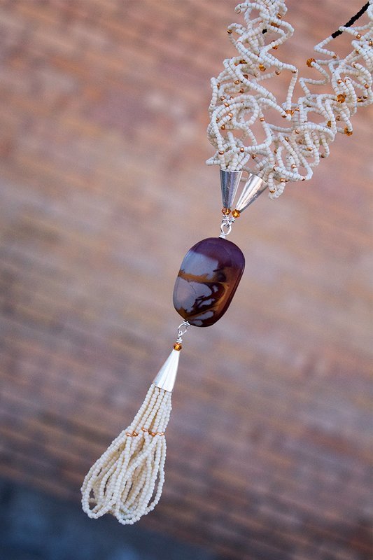 Jasper stone, black & cream seed beads, Swarovski crystals; sterling findings, adjustable leather cord