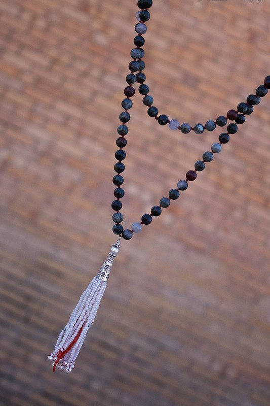 Jasper, pearls, coral, sterling silver findings, red silk thread