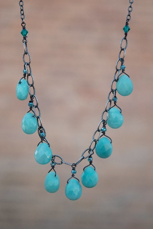 Faceted chalcedony, Swarovski crystals, oxidized sterling silver chain and findings