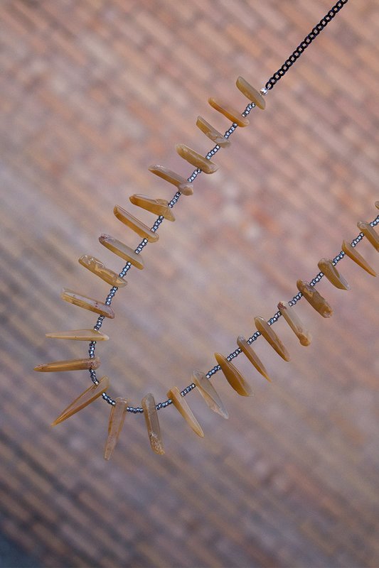 Amber, gray glass, oxidized brass chain, sterling silver clasp & findings
