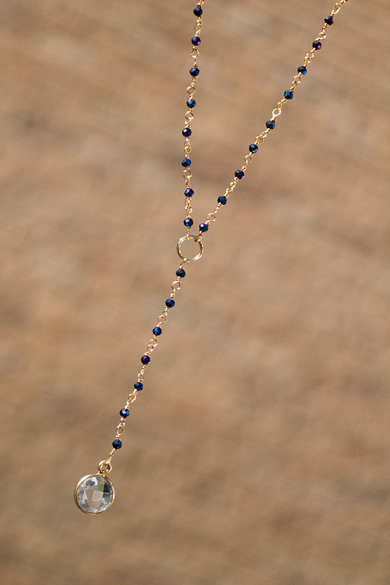Lapis glass beads, 14kt gold-filled chain with clear cut glass drop