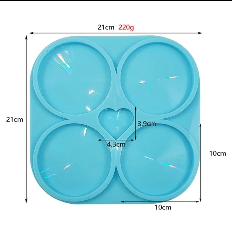 LASER HOLOGRAPHIC 4 ROUND COASTERS AND HEART SILICONE MOLD
