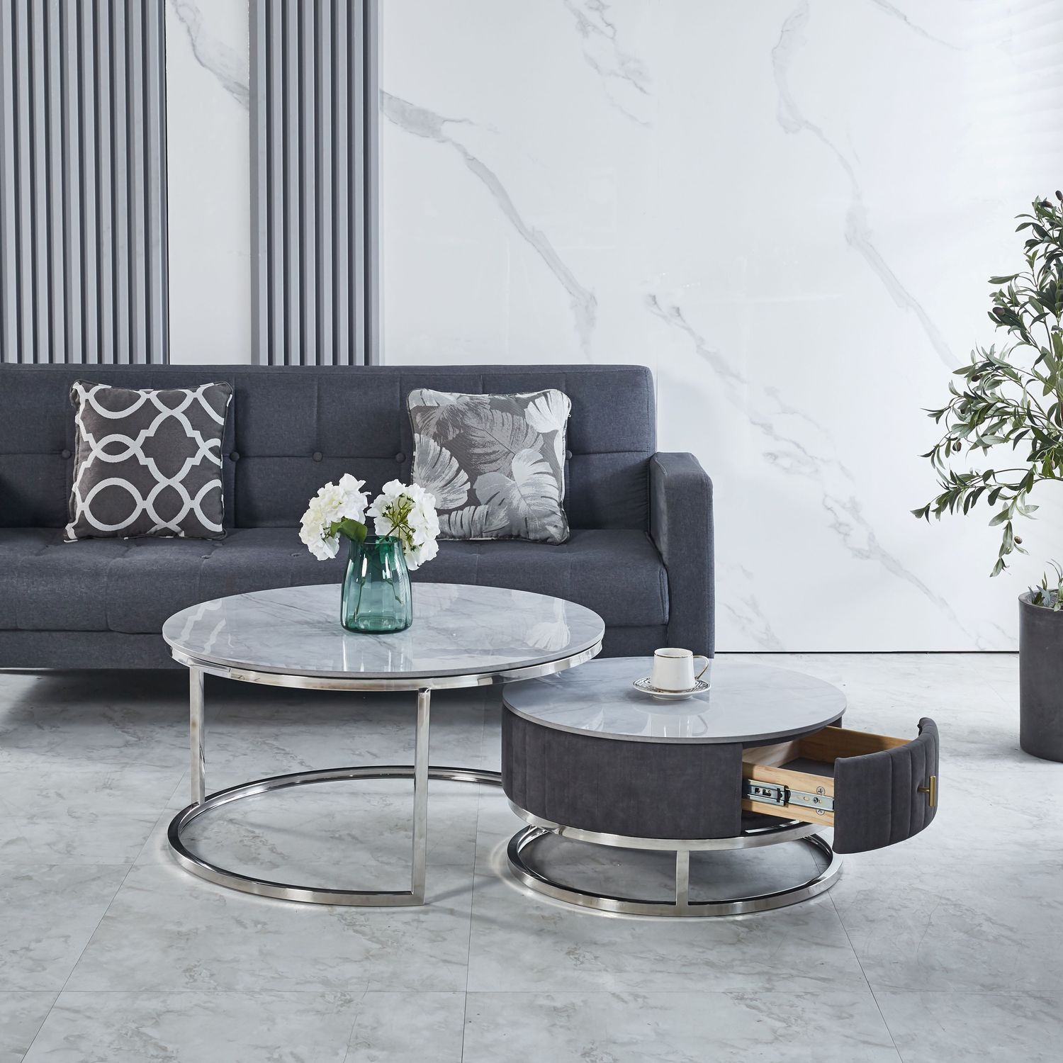 Enzo Nest of 2 Coffee Tables Colour Grey Ceramic Top  With Silver Base With Drawer
