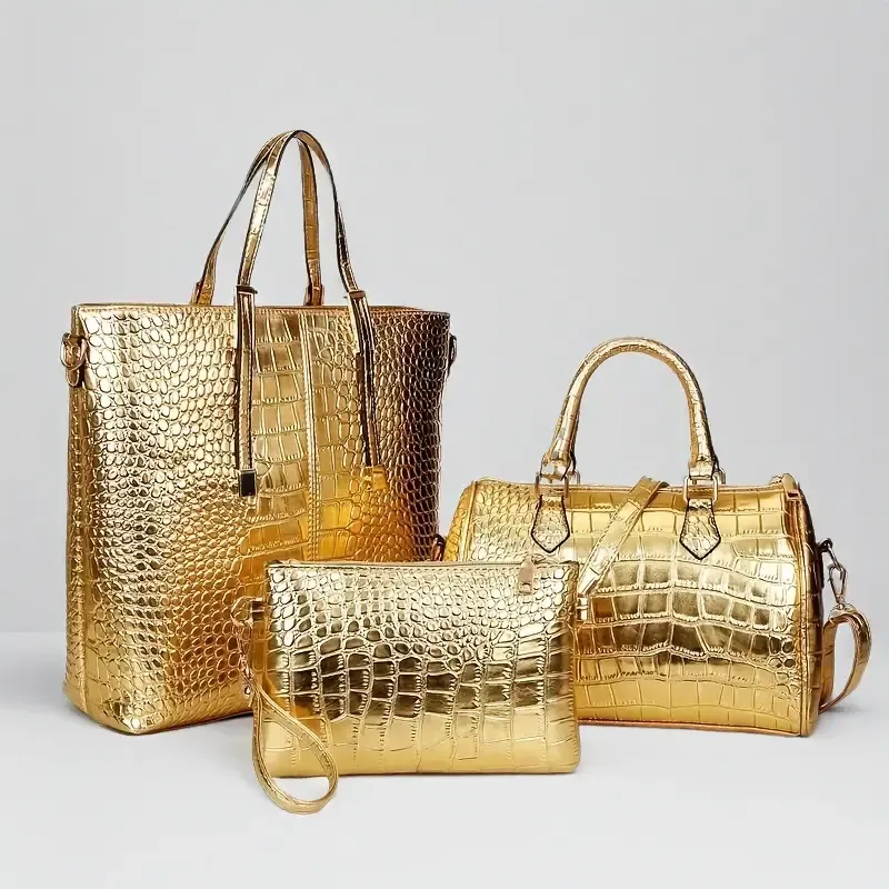 Set Of 3 Fashionable Solid Color Crocodile Pattern Handbags