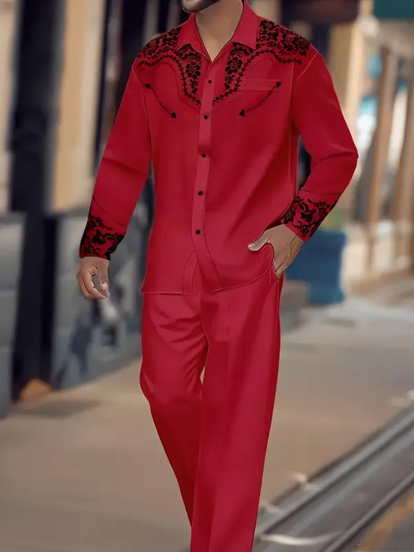 New Men's Plus Western Style Suit, Long-sleeved Shirt, Cuff Embroidery