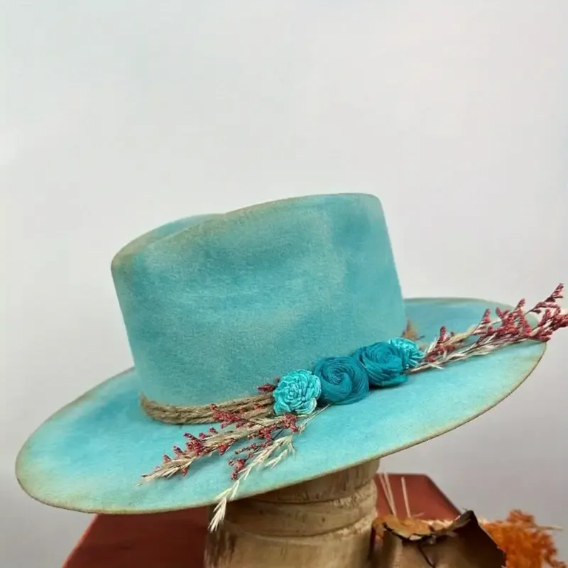 Decorative Fleece hat, vintage distressed, feather decoratedtop hat