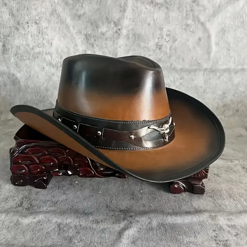 Men's Large Rim Leather Prairie Cowboy Mongolian Hat