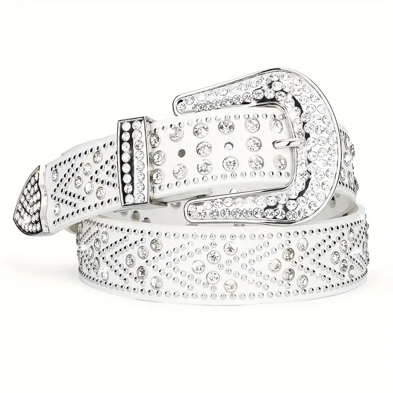 Western-Style Belt For Men & Women's Adjustable Rhinestone Faux Leather Belt with Metal Buckle