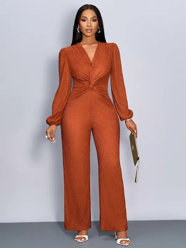 Curvey Women"s Long Sleeve Tangerine Red Color Jumpsuit