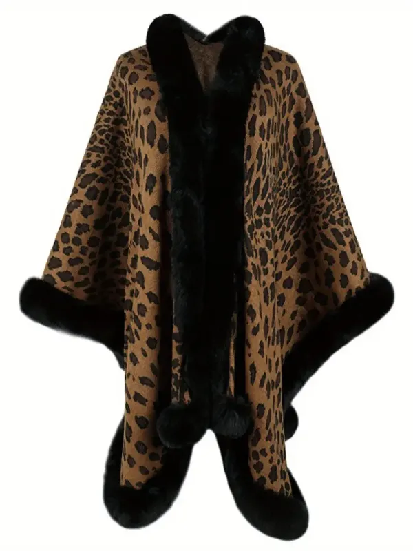 Women's Fur Collar Cape Cardigan Leopard Shawl Sweaters