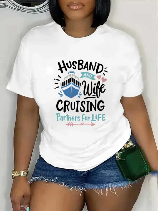 Women's Funny Couples T-Shirt - "Husband & Wife Cruising Partners for Life" Graphic Tee -