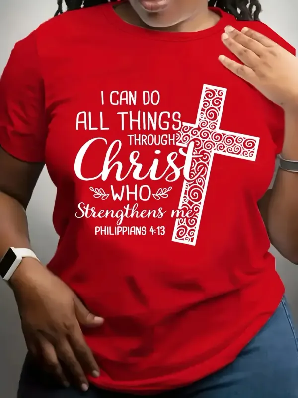 Women's Red T-Shirt with Inspirational Cross Design
