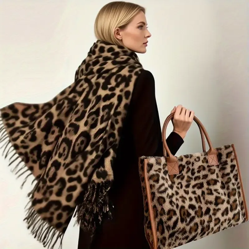 2pcs Ladies fashion leopard plush scarf with handbag