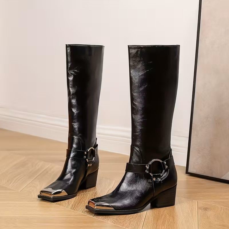 Western Cowboy Round Buckle Knee-High Boots with Chunky Wooden Heel In 3 Colors