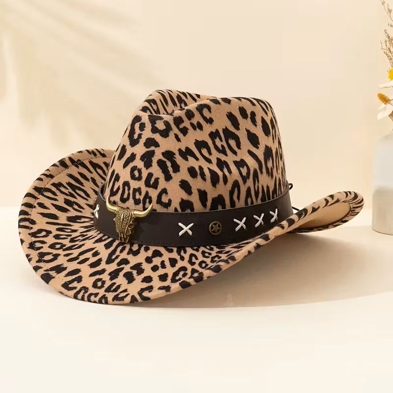 Women & Men's Stylish Unisex Hats, with Detachable Bull Head Decoration - Leopard Print Western Cowboy Hat 3 Band Styles On Each Hats