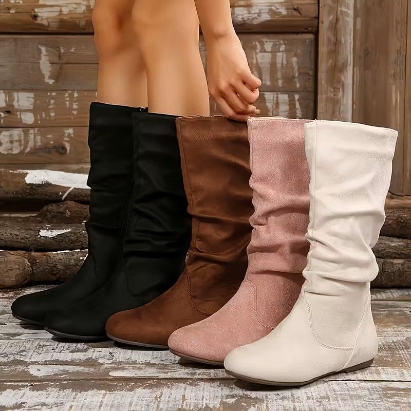 Women's Mid-Calf Boots With Pleated Design In 4 Colors