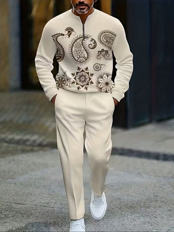 Vintage Semi-Formal 2pcs Men' Beige & Brown Paisley Suit