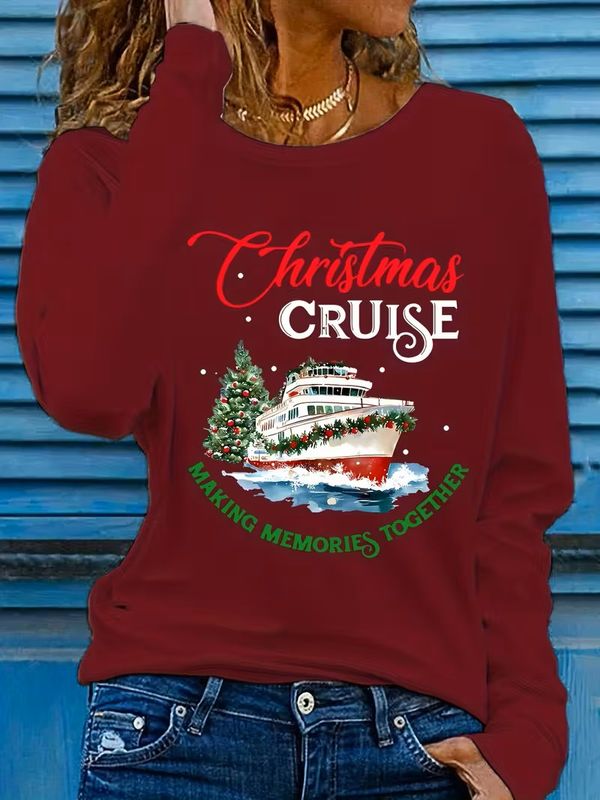 Women's Cruise Ship & Christmas Tree Print T-Shirt In 7 Colors
