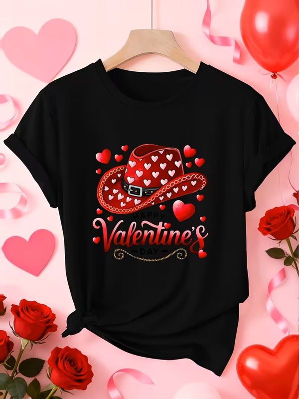 Women's Valentine's Day Cowgirl Hat & Heart Print T-Shirt