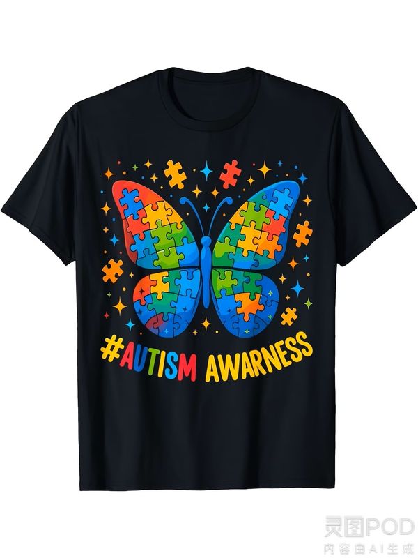 Women's Autism Awareness Butterfly Puzzle T Shirt Colorful Puzzle Pieces & Stars
