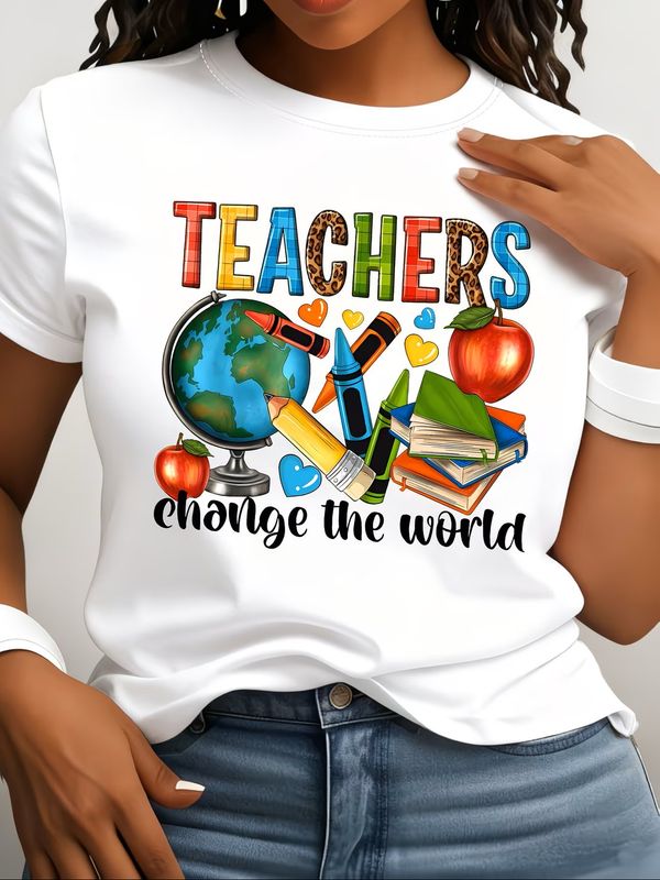 Women's Teacher Change The World Pattern T-Shirt in 3 colors