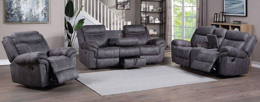 LV422296IV MANUAL RECLINING SOFA WITH DDT AND DRAWER Knoxville Grey