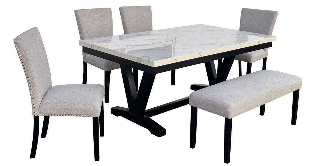 Shelly Grey Dining Table, 4 Chairs and Bench